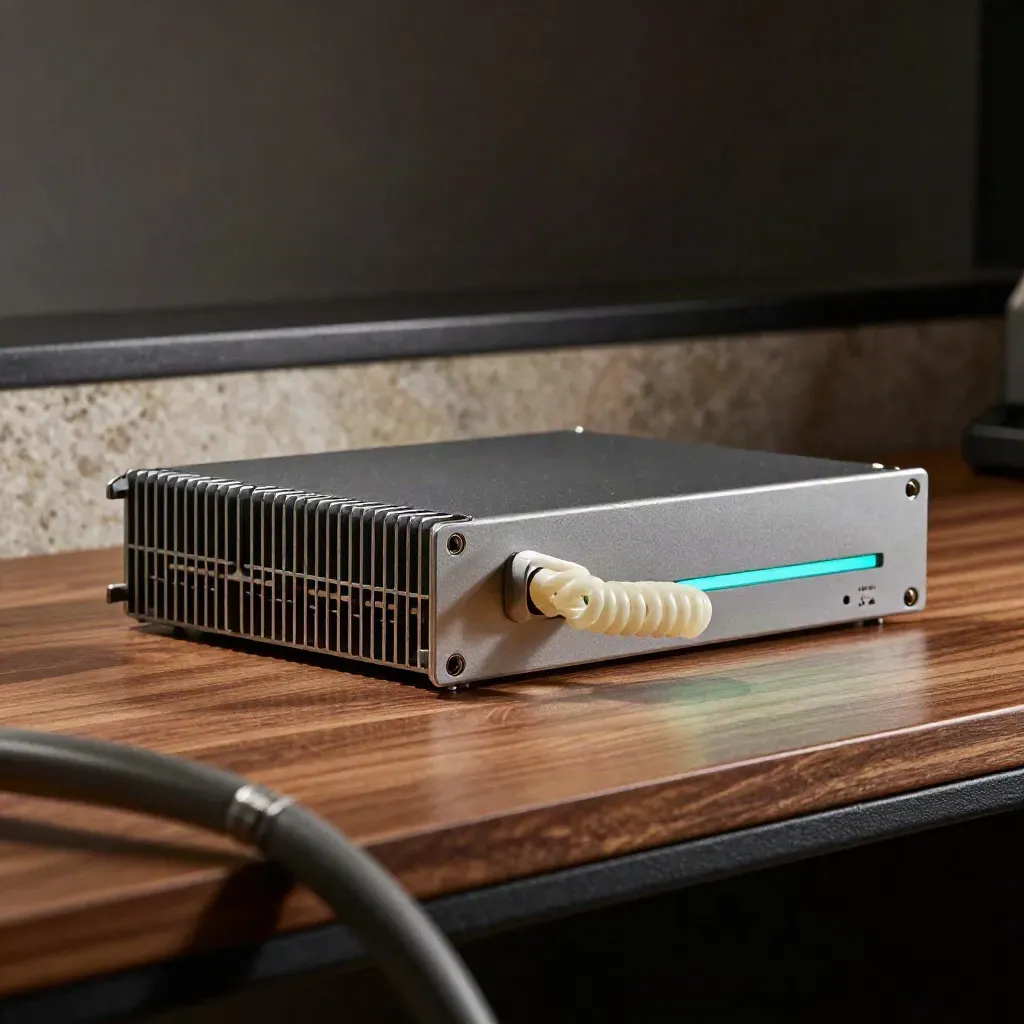 Servermodul mit Glasfaser-Schleife und Statusleiste auf warmem, dunklem Hintergrund.
