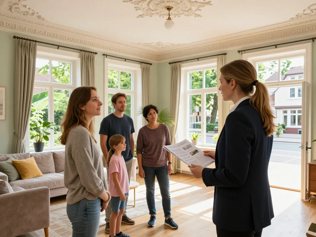Engagierte Immobilienbesichtigung mit Immobilienmakler Frankfurt Eckenheim, der eine charmante Immobilie präsentiert.