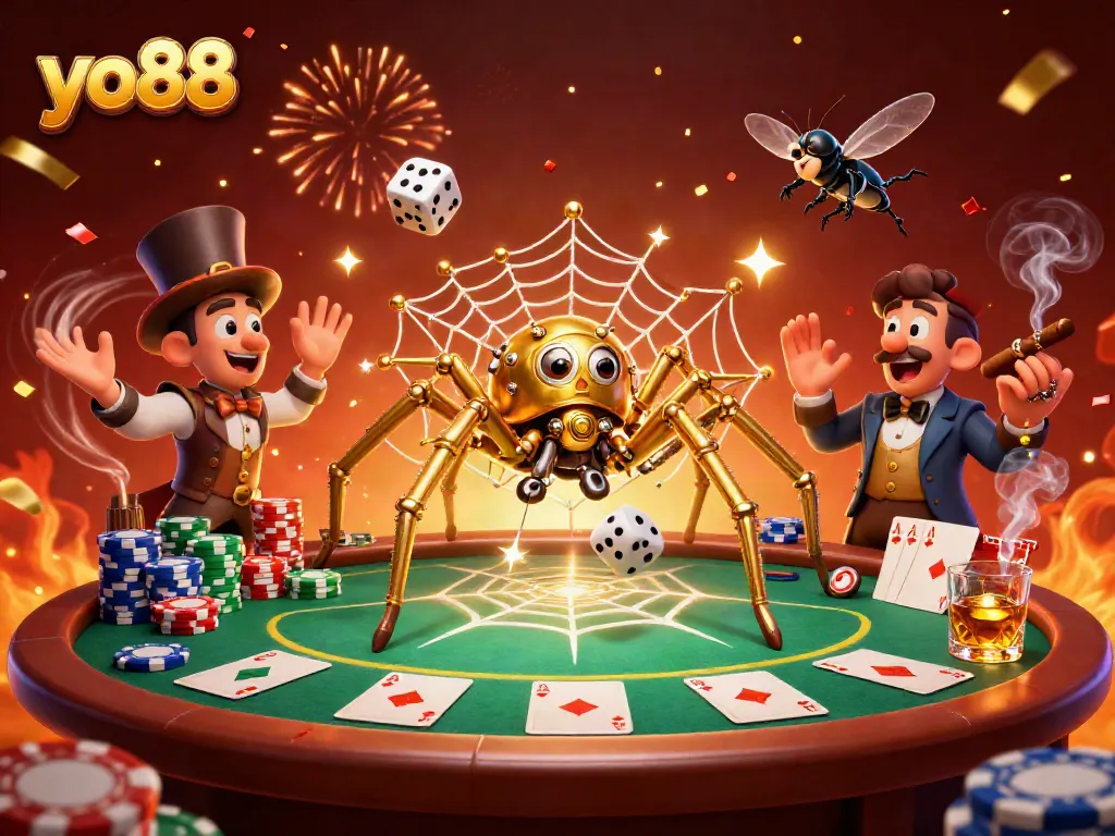 Experience thrilling excitement with yo88's golden spider and poker elements in a vibrant casino scene.