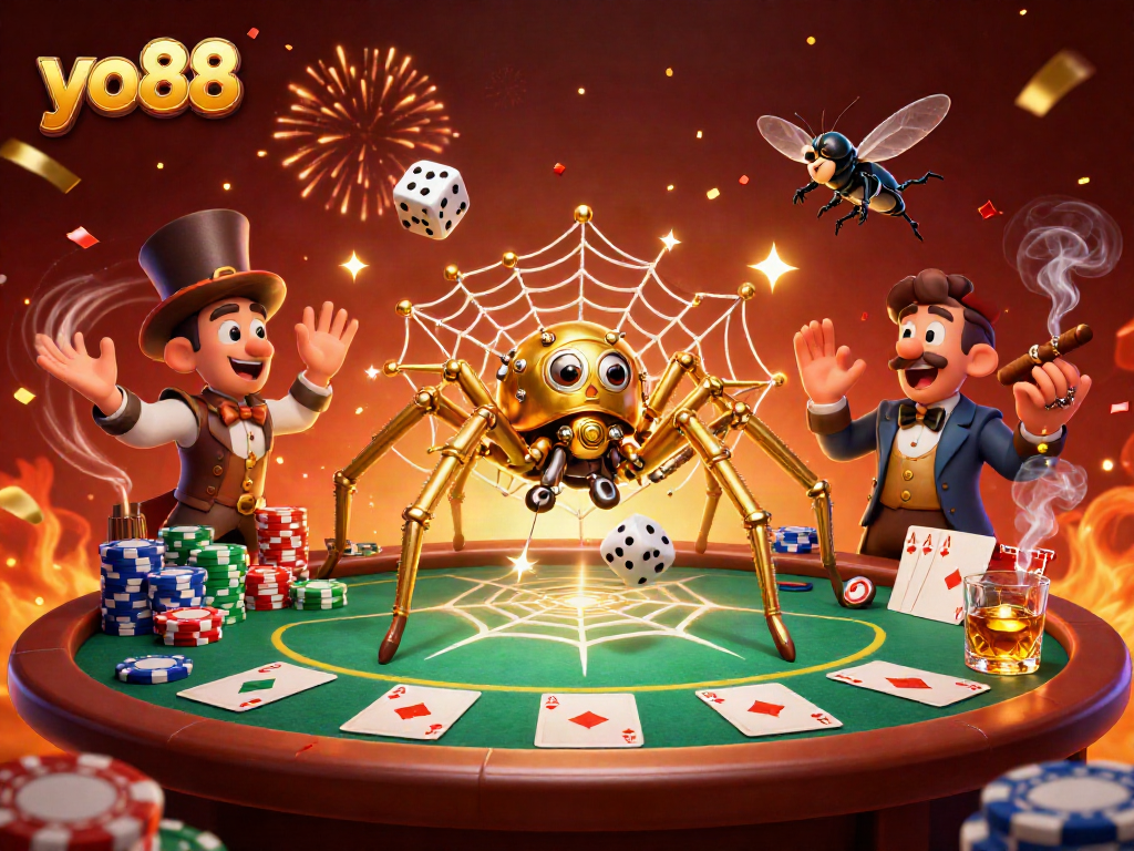 Experience thrilling excitement with yo88's golden spider and poker elements in a vibrant casino scene.