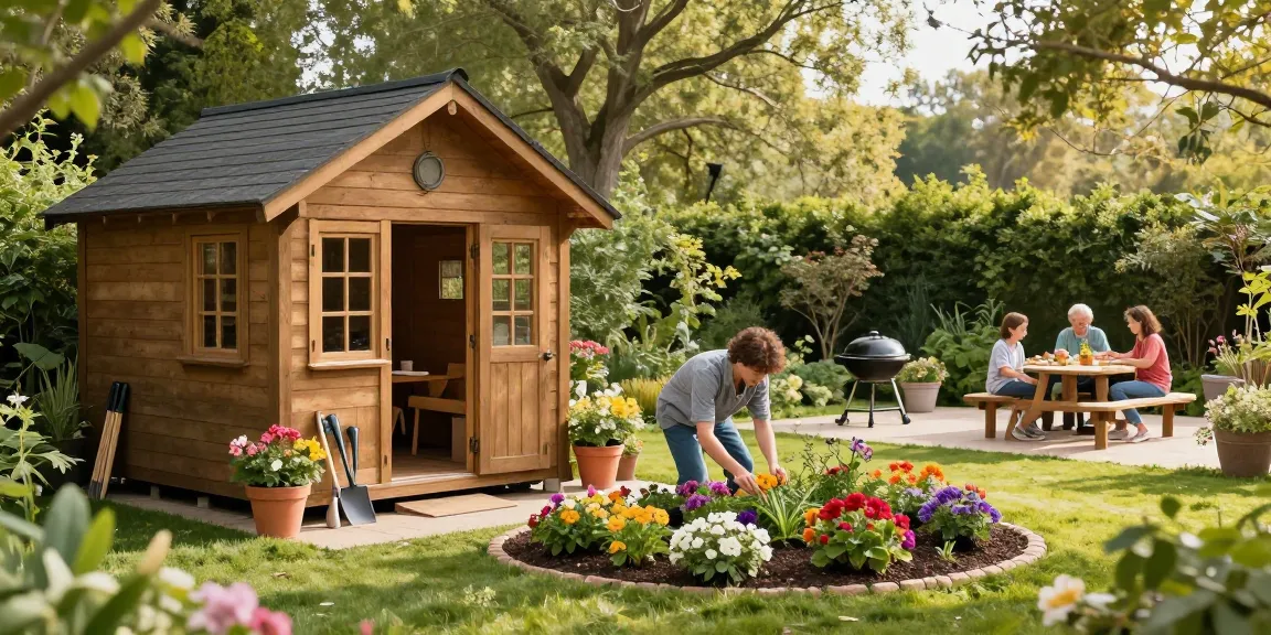 Gemütliches Garten Haus im Garten mit blühenden Pflanzen und entspannenden Familienmomenten.