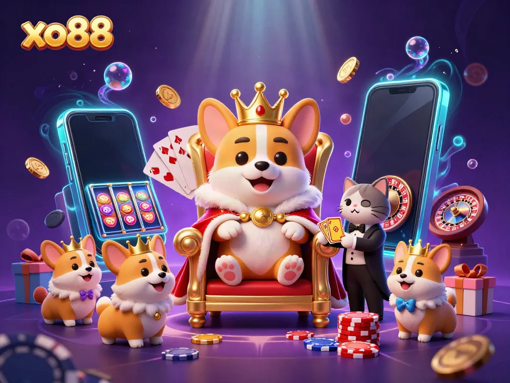Experience thrilling gaming at xo88 with an extravagant royal corgi surrounded by casino elements.