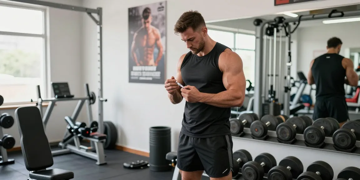 Anabolika Shop: Bodybuilder bereitet sich auf injizierbare Steroide im Fitnessstudio vor.