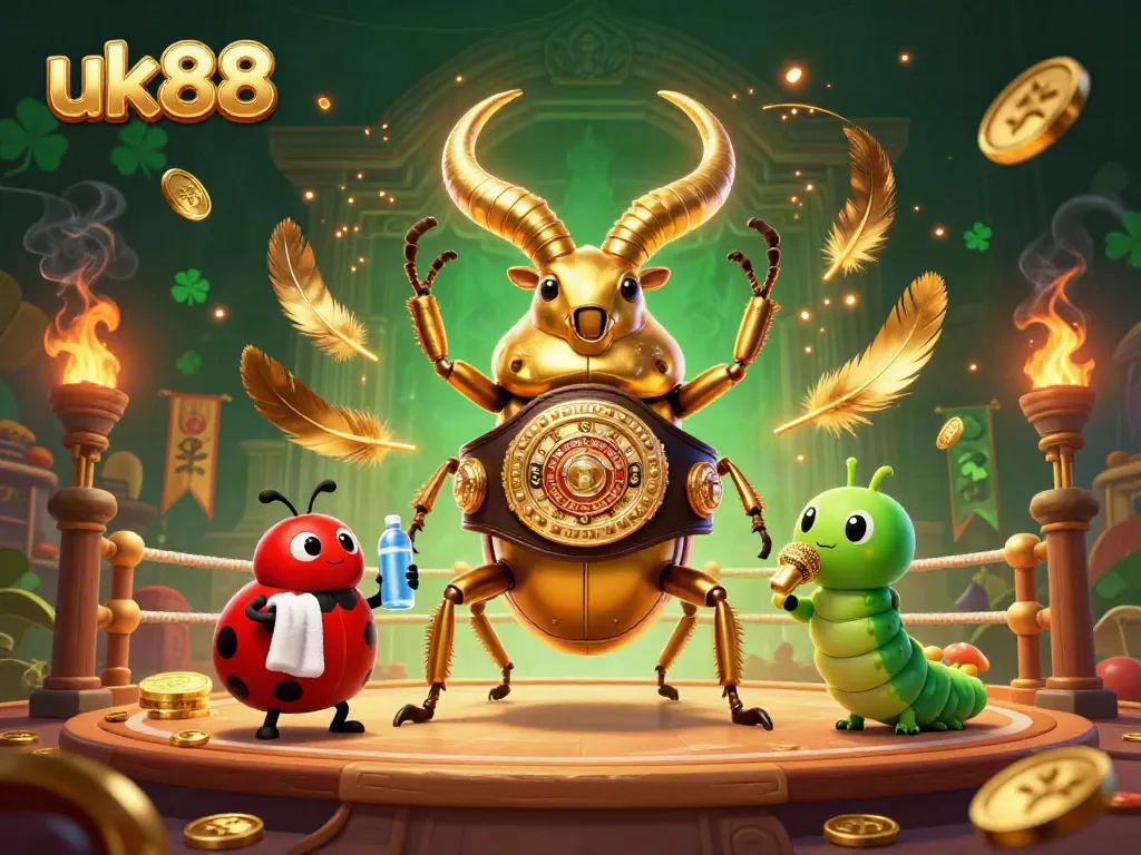 Engage in exciting gameplay with uk88 in this colorful 3D casino-themed scene featuring a giant stag beetle alongside gaming elements.
