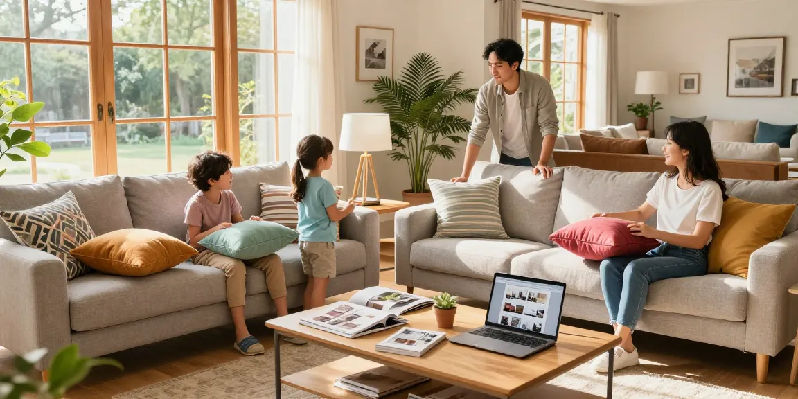Familie wählt Möbel aus und genießt die Wohnkultur beim Möbel Kaufen in einem hellen Wohnzimmer.