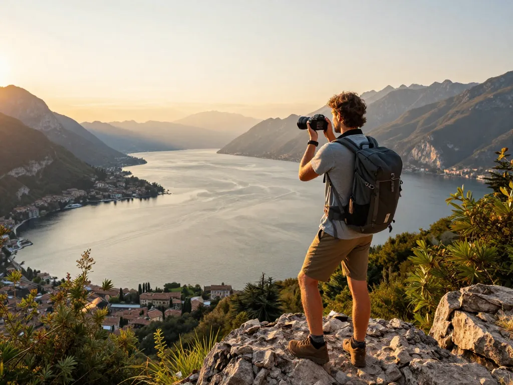 Wunderschöner Sonnenuntergang über dem Gardasee mit Reisendem, der Gardasee Reisetipps an einem malerischen Aussichtspunkt festhält