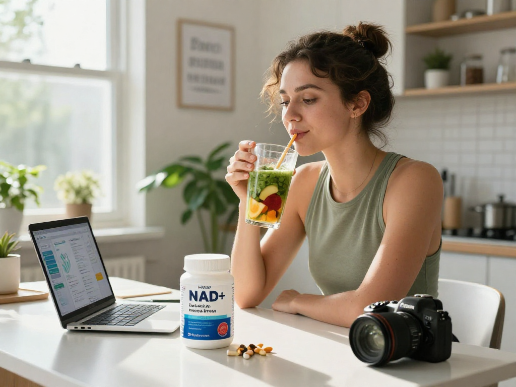 NAD+ benefits showcased in a wellness scene with a professional enjoying smoothie and InStrips products.