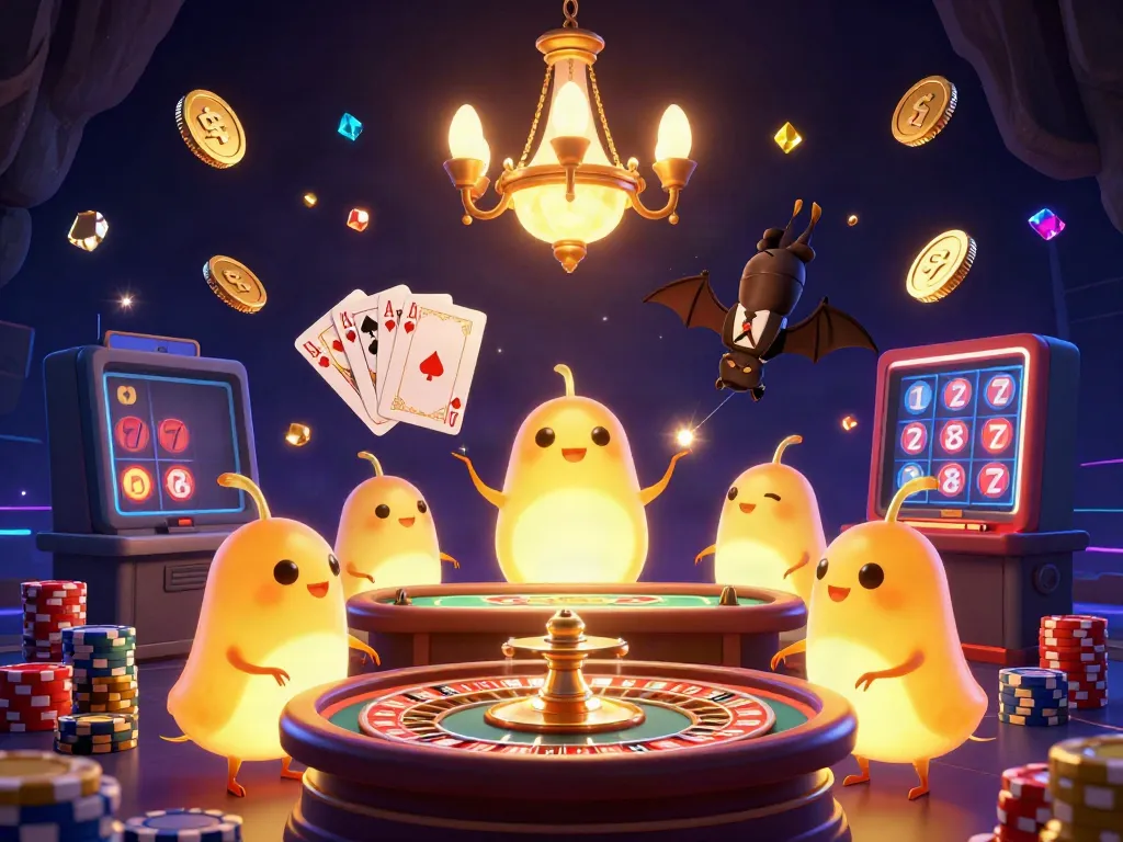 Experience the Gem88 casino world with glowing worms illuminating vibrant games and golden treasures.