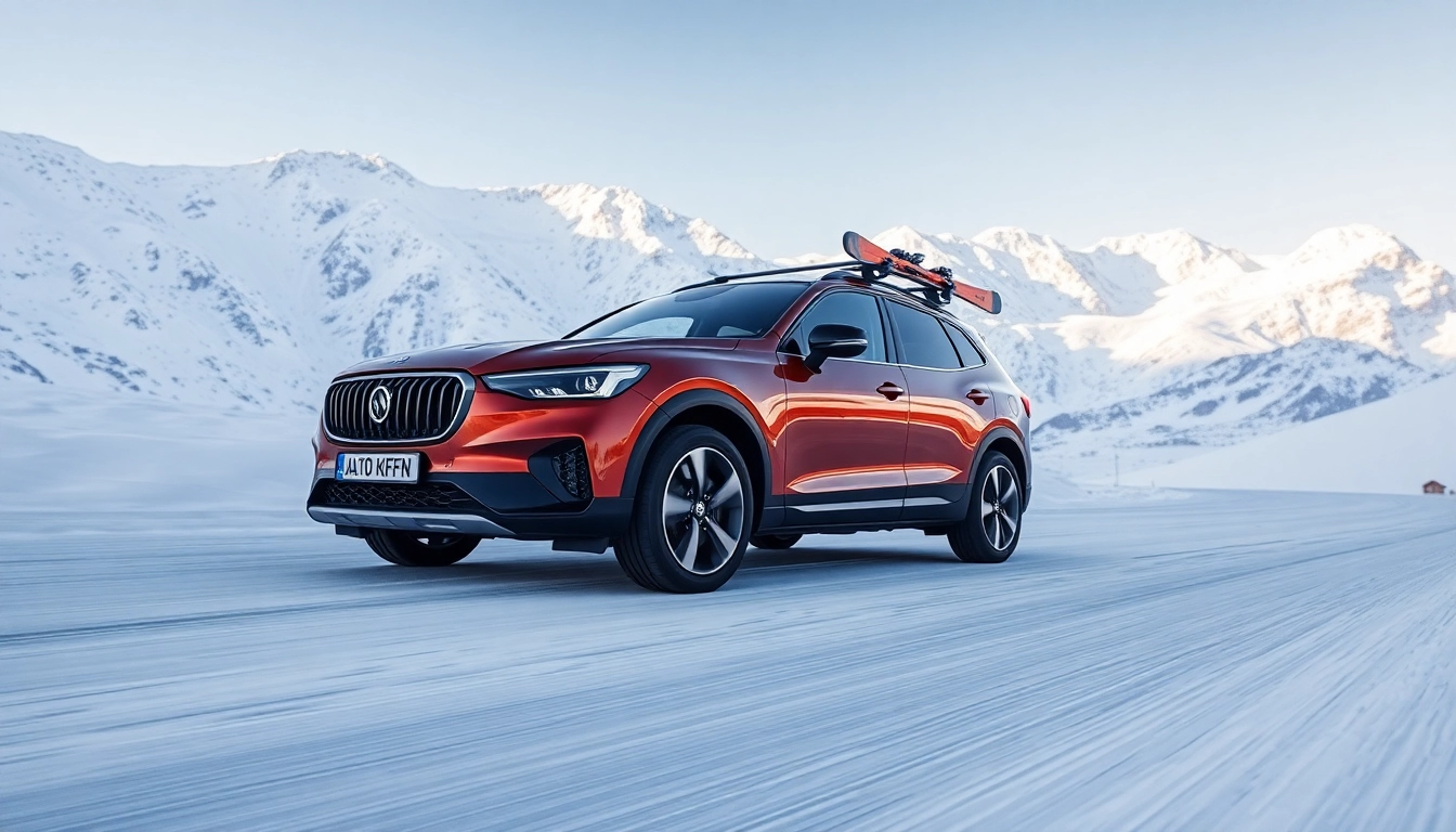 Auto Kufen auf einem professionellen Fahrzeug, das durch schneebedeckte Berge fährt.