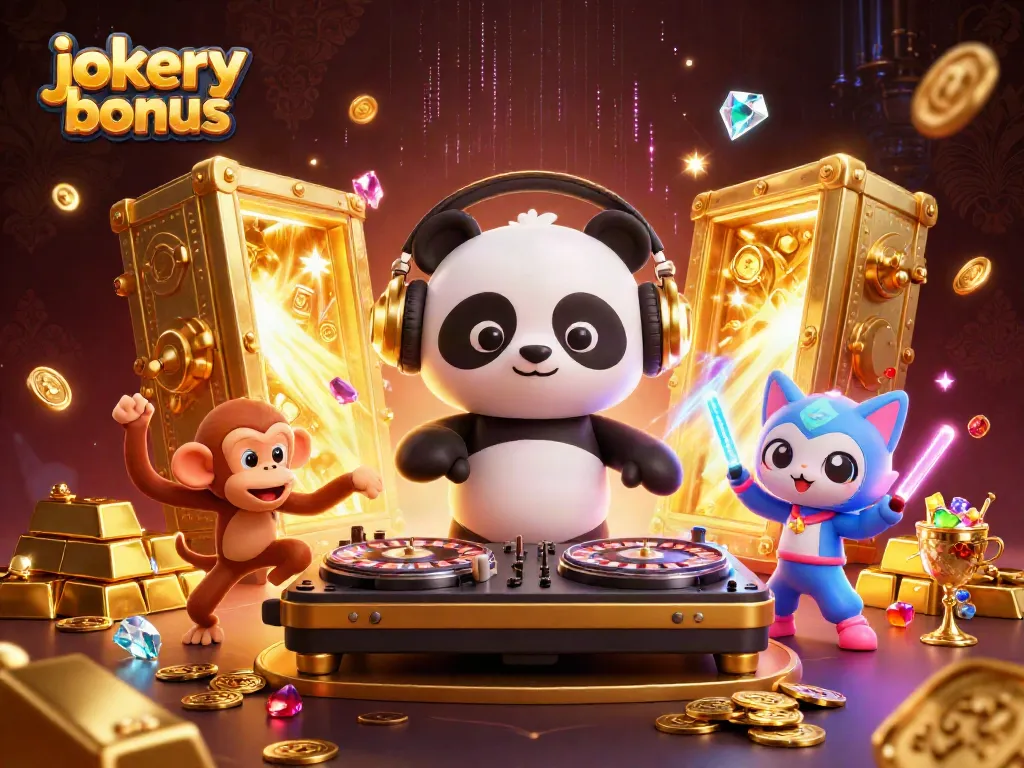 Experience the exciting jokery bonus with a vibrant 3D scene featuring a DJ panda, dancing monkey, and glowy kitten amidst riches.
