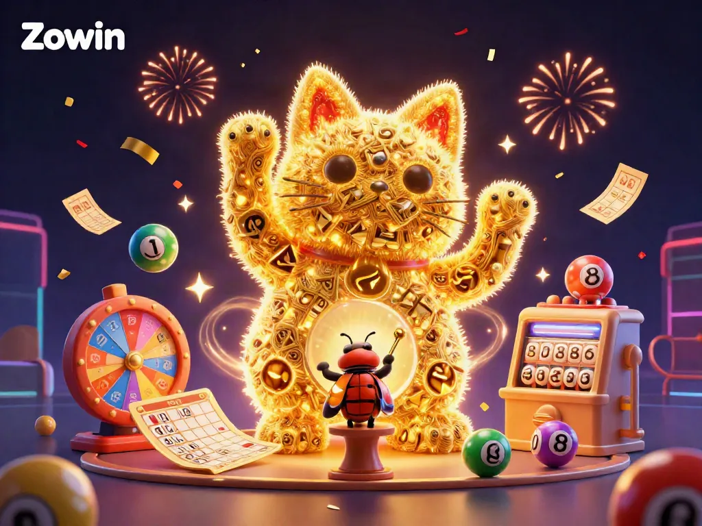 Experience the thrill of Zowin with a dynamic casino scene featuring a lucky cat and vibrant game elements.