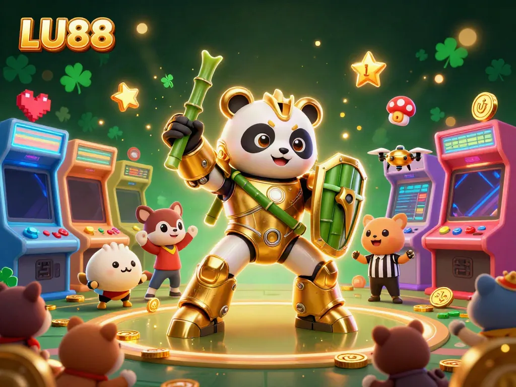 Experience the thrill at LU88 with a vibrant 3D illustration showcasing a golden panda in an exciting gambling arena.