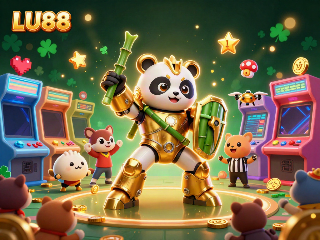 Experience the thrill at LU88 with a vibrant 3D illustration showcasing a golden panda in an exciting gambling arena.