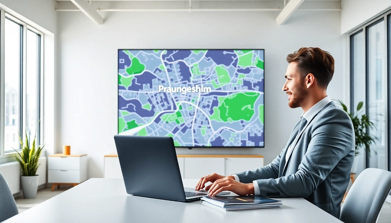 Immobilienmakler Frankfurt Preungesheim zeigt moderne Büroatmosphäre und digitale Karten.