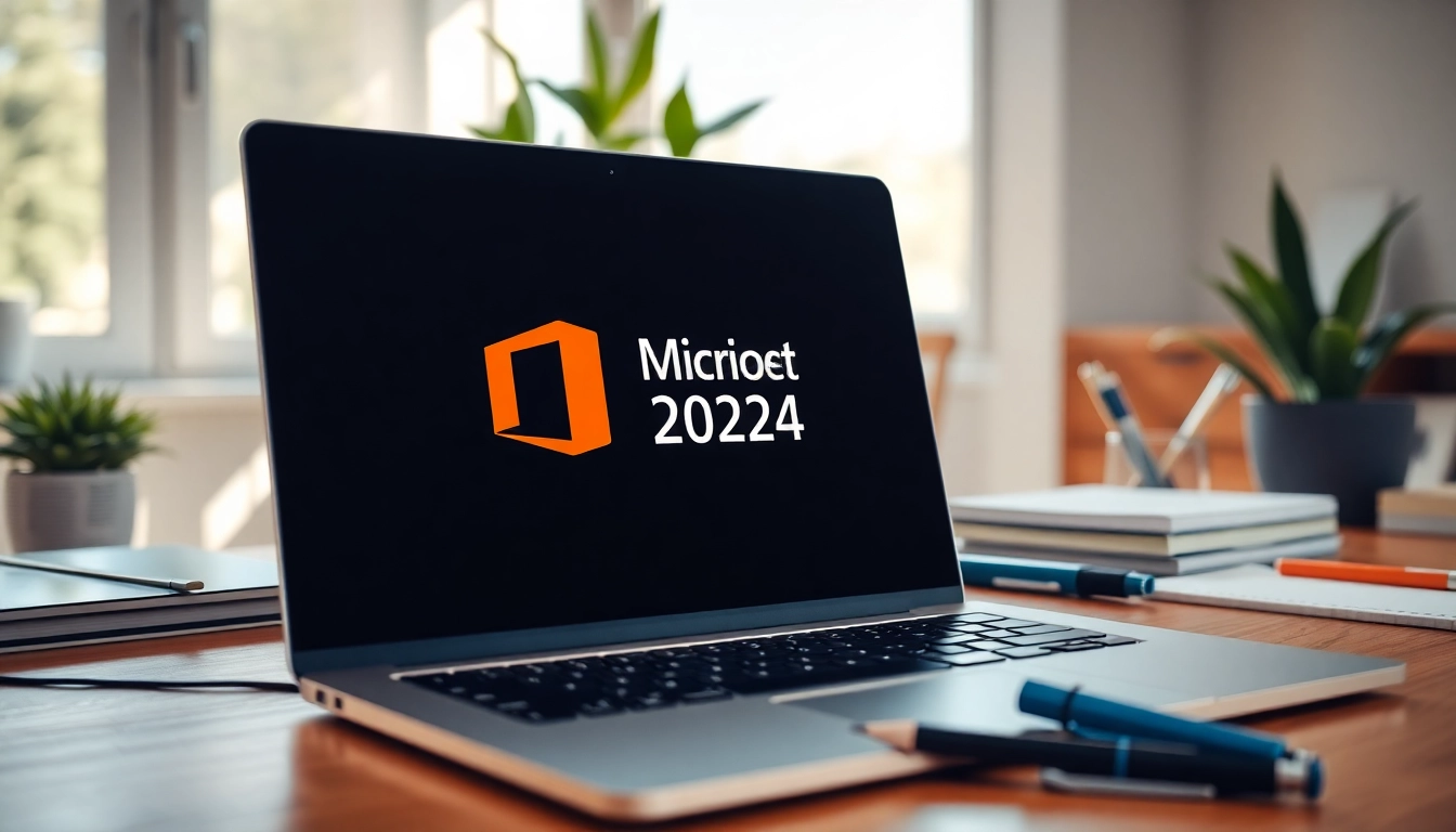Office 2024 Professional Plus günstig online bestellen: Modern workspace with laptop and stationery.