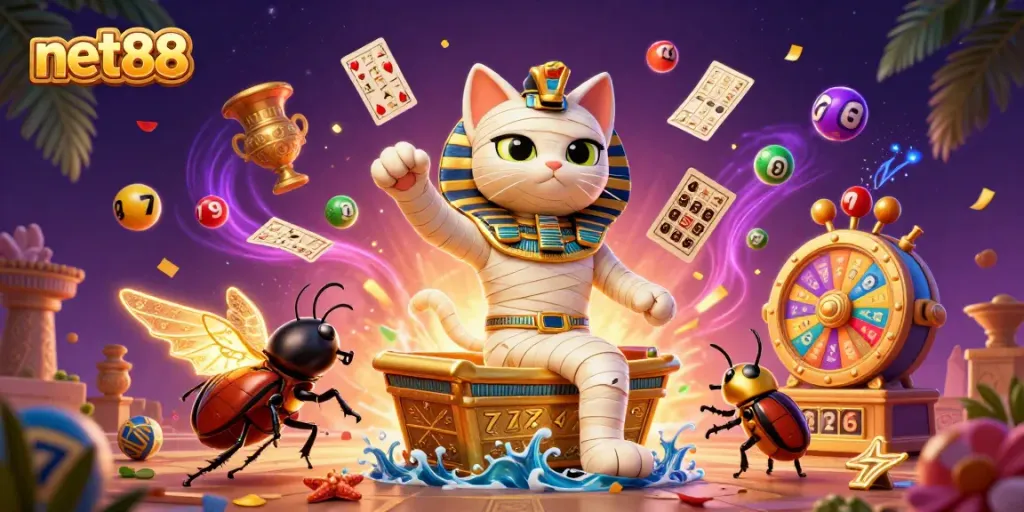 Experience the thrill of net88 with a vibrant 3D casino scene featuring a mummy cat and gaming elements.