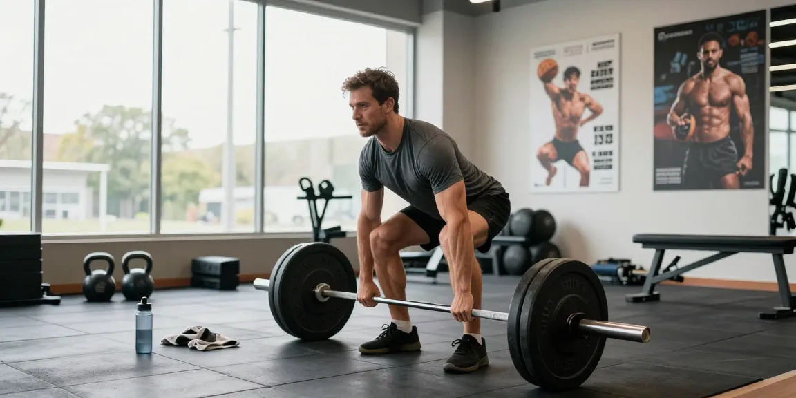 Akra Labs Steroid Shop: Athlet im modernen Fitnessstudio beim Kreuzheben mit Gewichten und optimistischem Umfeld.
