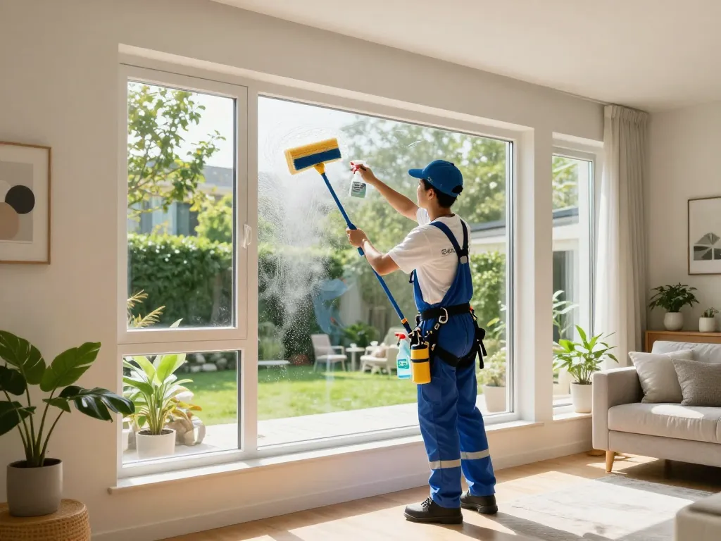 Professioneller Fensterreiniger führt effiziente professionelle Glasreinigung in Münster durch und sorgt für streifenfreie Ergebnisse in einem hellen Wohnzimmer.