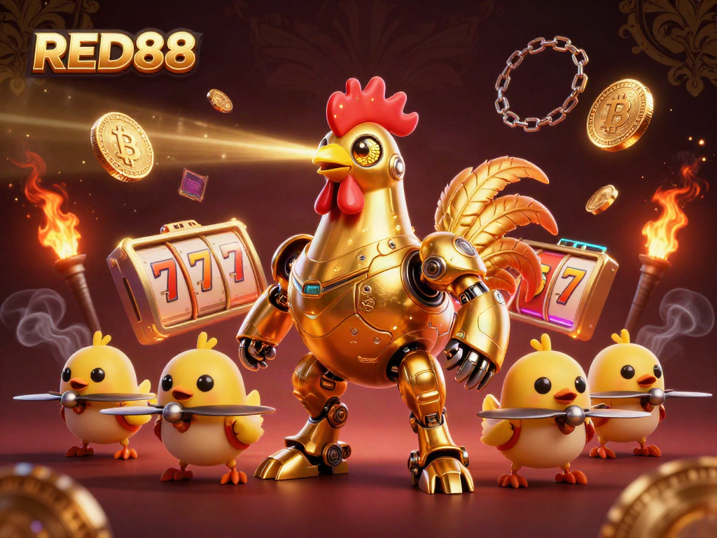 Experience the thrill of RED88's vibrant gaming scene with a golden rooster robot and baby chick drones among dynamic casino elements.
