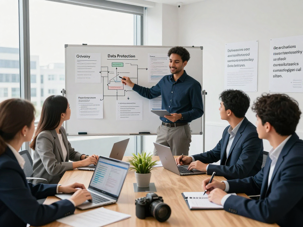 Wirtschaft und Verwaltung Wohnungsbaugenossenschaften Besprechung zur digitalen Barrierefreiheit und Datenschutz in modernem Konferenzraum.
