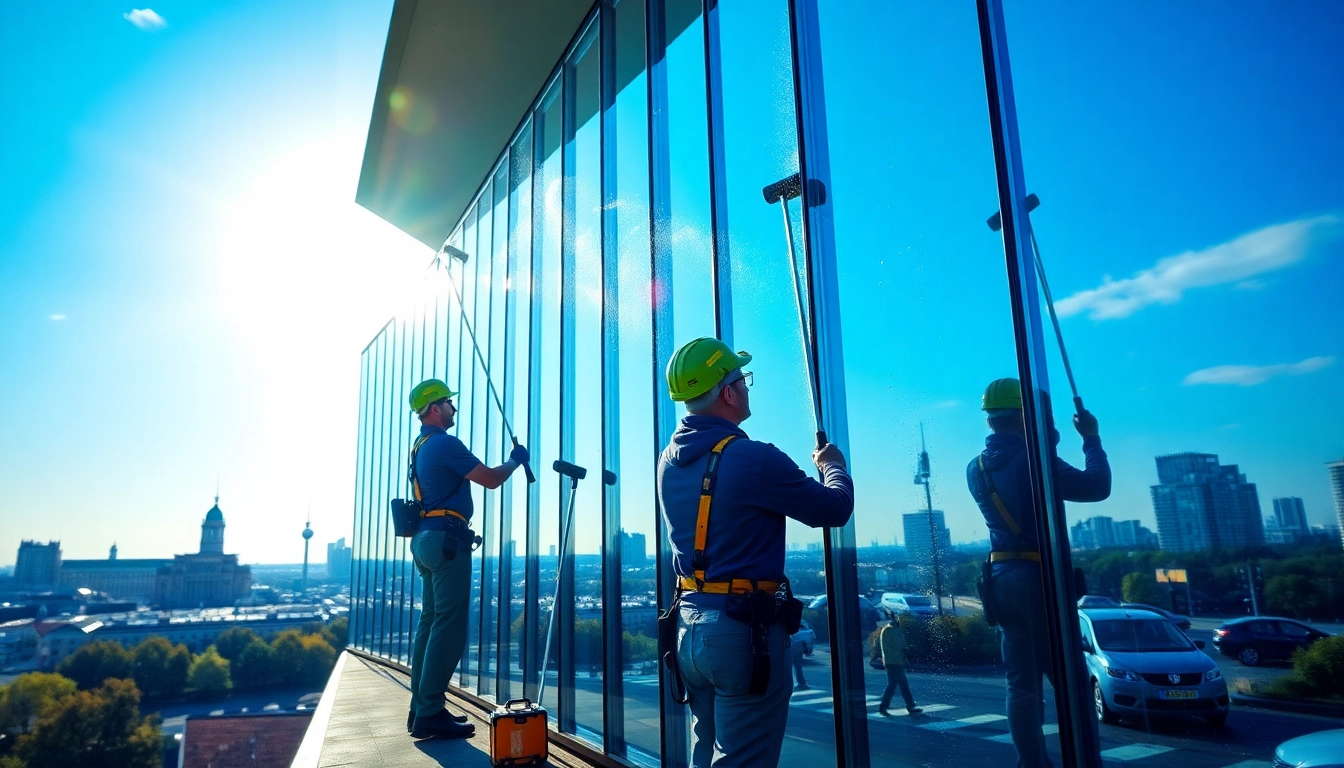 Fensterreinigung Berlin durch ein professionelles Team in einem urbanen Umfeld.