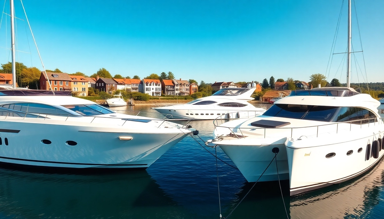 Besucher bewundern Mega Lüfer Yachts im Hafen, umgeben von malerischer Küstenlandschaft.