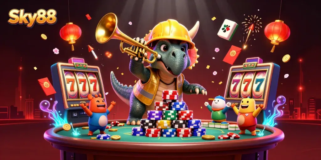 Experience the thrilling action at Sky88 with vibrant slot reels and cartoon dinosaurs in a dynamic gambling scene.