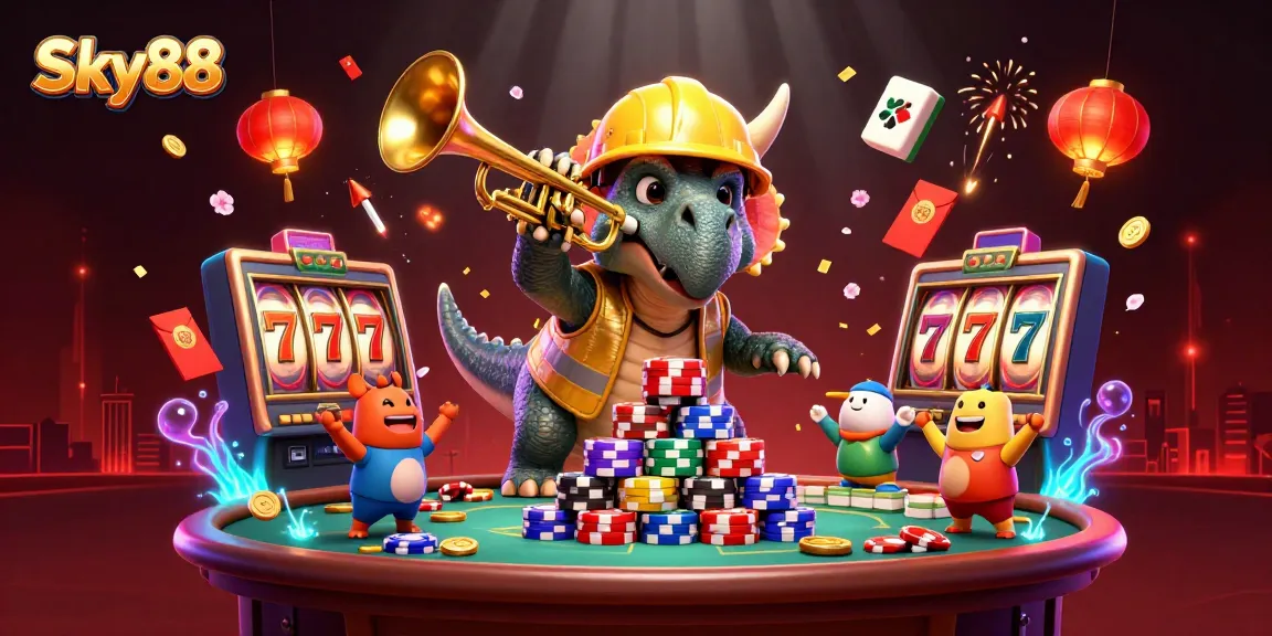 Experience the thrilling action at Sky88 with vibrant slot reels and cartoon dinosaurs in a dynamic gambling scene.