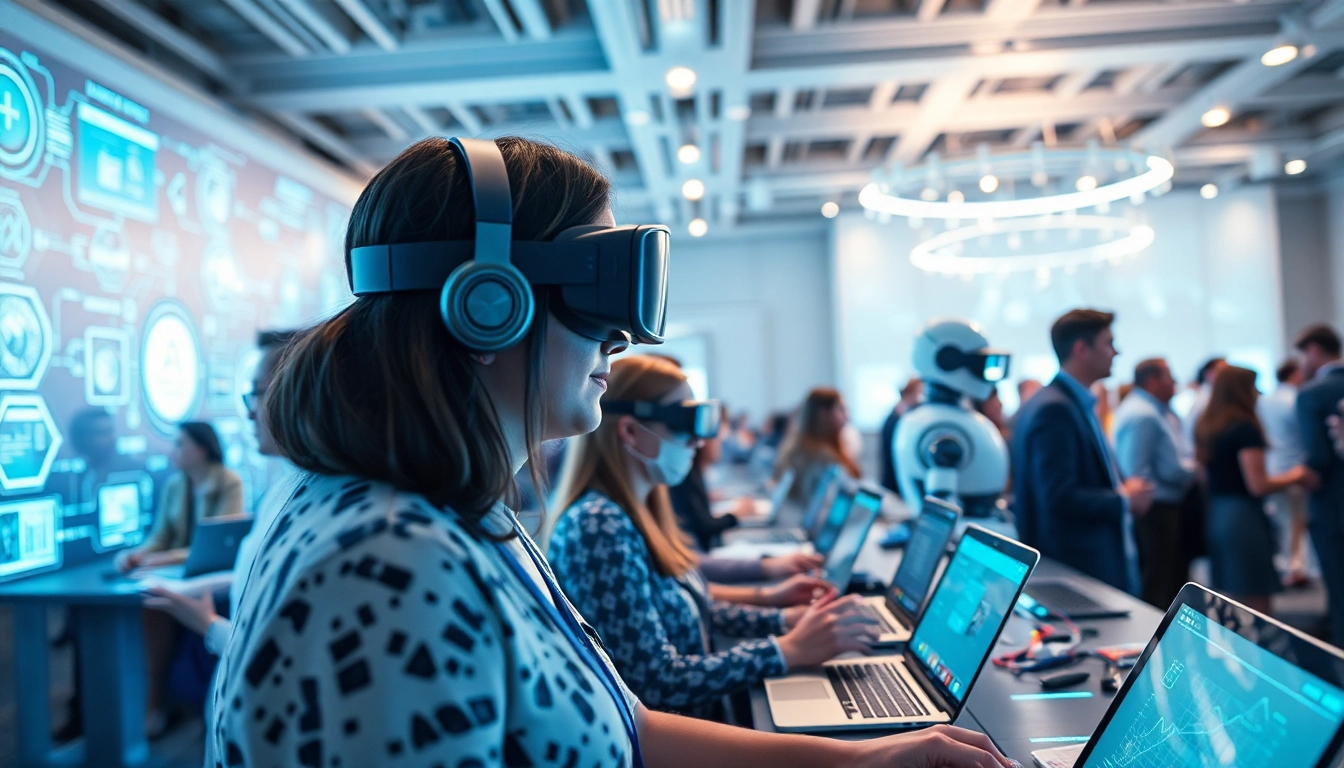 AI 18+ technology conference with diverse attendees engaging in innovative AI applications and devices.