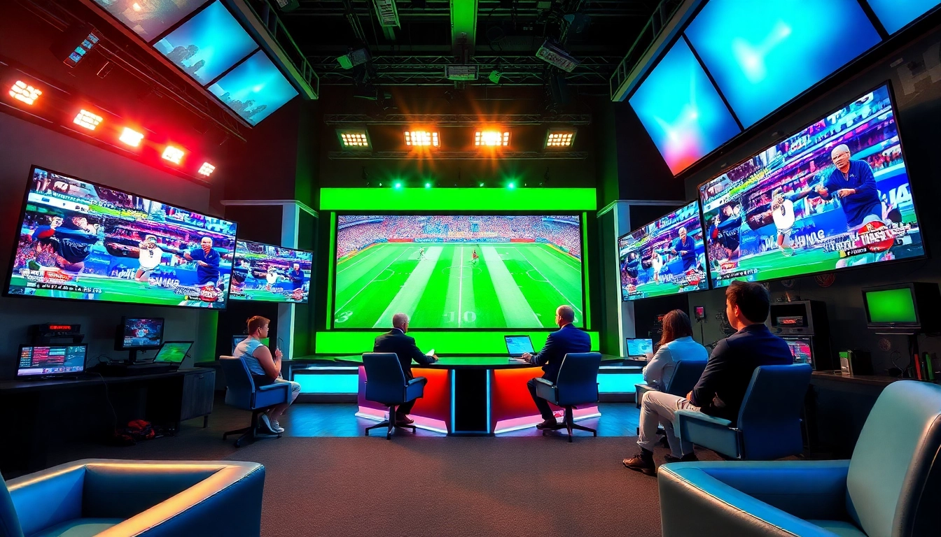 Engaging sports broadcasting scene with hosts in a modern studio.