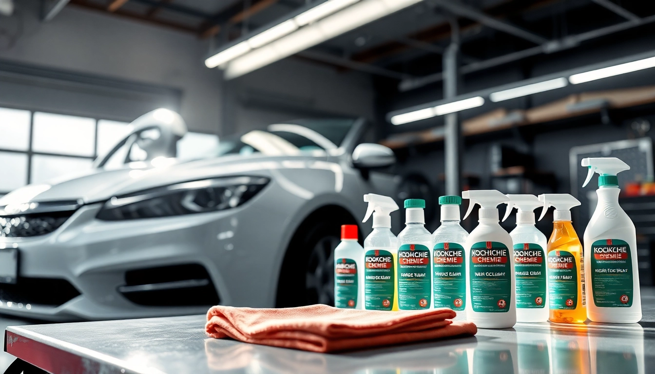 Koch Chemie products showcased with a gleaming car in a professional detailing environment.