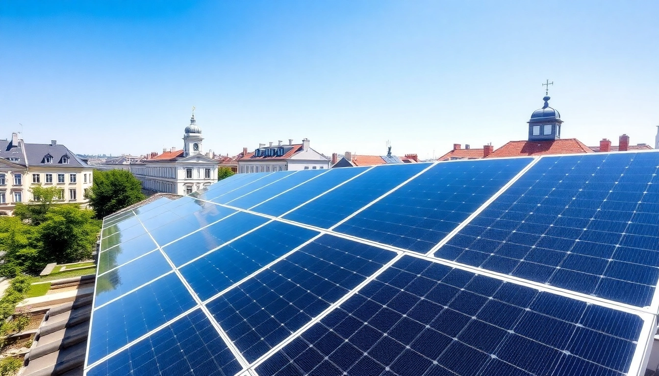 PV anlage kosten wien: Solar panels on a Viennese roof reflecting sunlight.