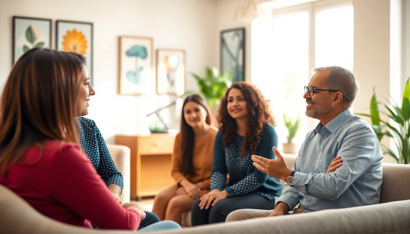 Facilitated discussion promoting mental health awareness among diverse individuals in a therapy setting.