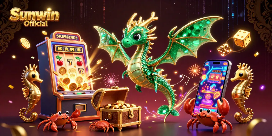 Engaging players with Sunwin Official, a royal sea dragon, dazzling casino elements, and a treasure chest bursting with gold.