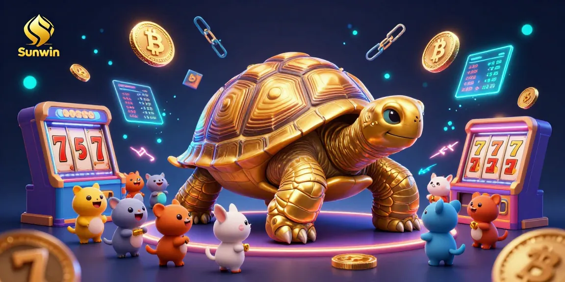 Experience thrilling gaming at Sunwin with a vibrant cartoon slot scene featuring golden tortoise and energetic animals.