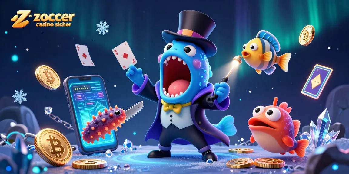 Entdecken Sie, ob Zoccer Casino sicher ist, während ein biolumineszierender Aal Kartentricks aufführt.