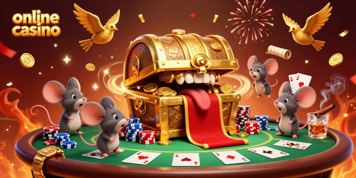 Engage with online casino action as mice approach a treasure chest in a richly detailed scene.