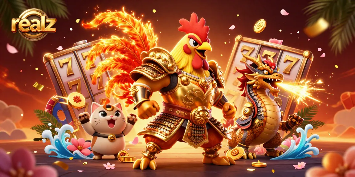 Engage with the realz online casino experience showcasing a dynamic scene with golden lucky 7s and vibrant 3D characters.