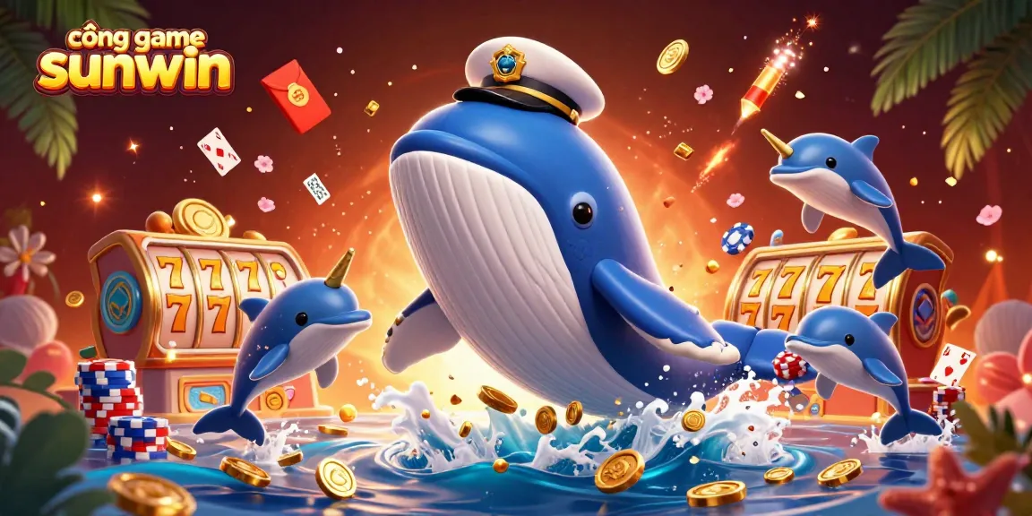 Engage with cổng game sunwin through playful dolphins and a captain whale in a vibrant casino scene.